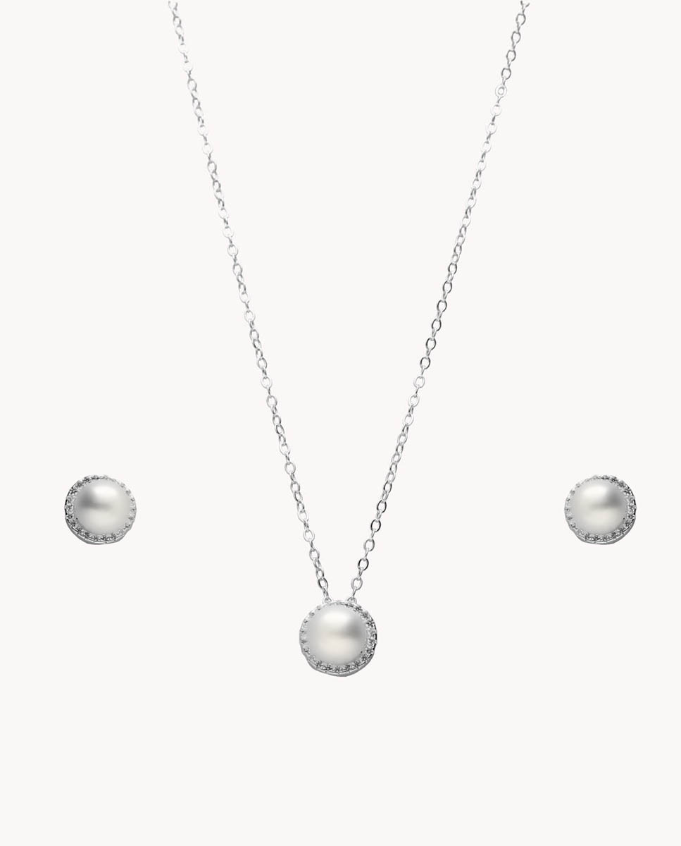 Conjunto de pendientes y colgante perla de plata de ley 925 bañada en rodio