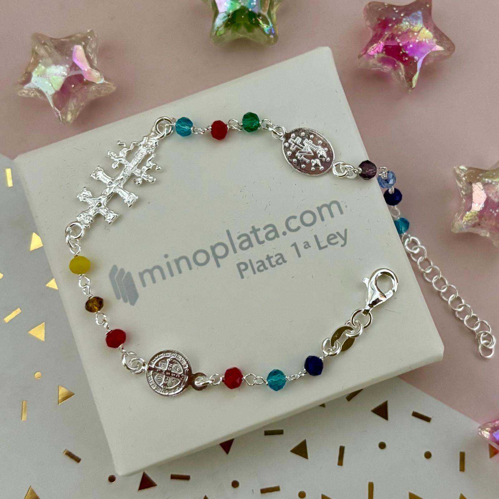 Pulsera de Plata y piedras de colores Cruz de Caravaca, Milagrosa y San Benito de Plata 3
