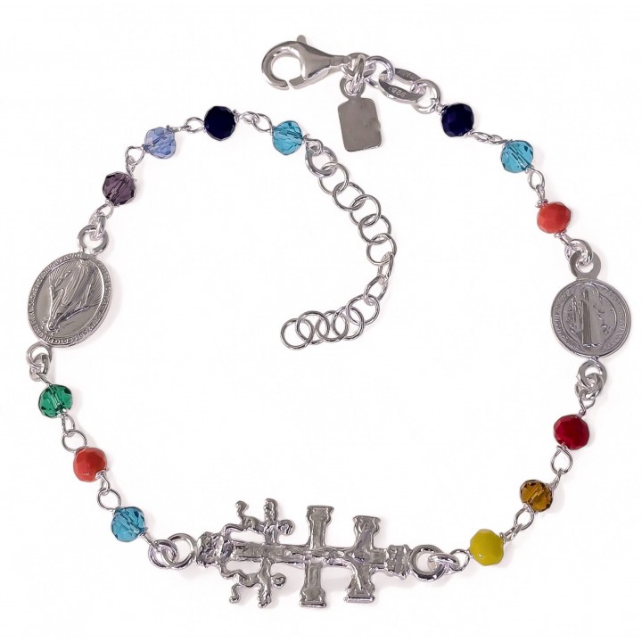 Pulsera de Plata y piedras de colores Cruz de Caravaca, Milagrosa y San Benito de Plata