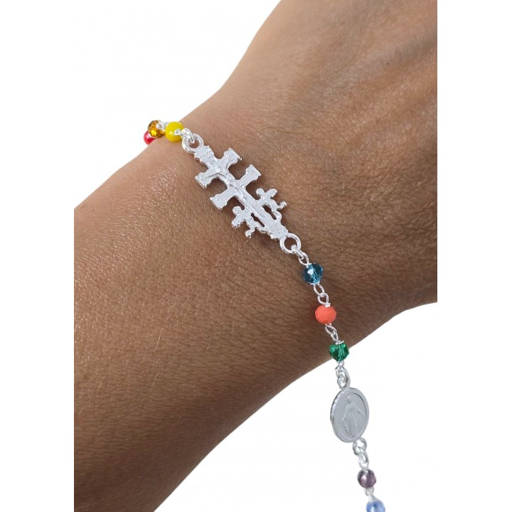 Pulsera de Plata y piedras de colores Cruz de Caravaca, Milagrosa y San Benito de Plata 1