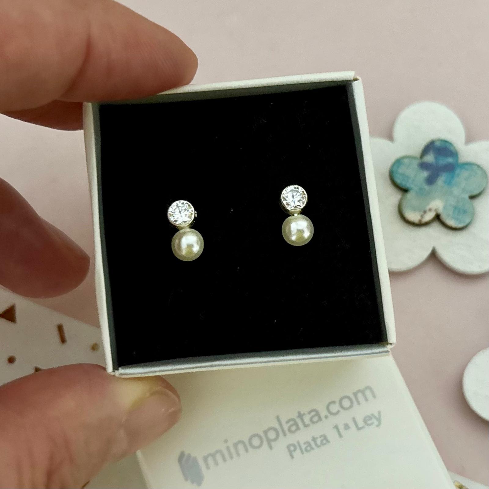 Pendientes tu y yo de Plata de ley con Perlas y Circonitas cierre rosca seguridad 3