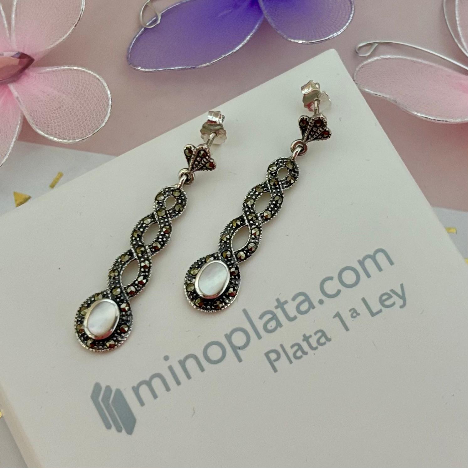 Pendientes de Plata envejecida con piedras Marcasitas y Nácar blanco 4