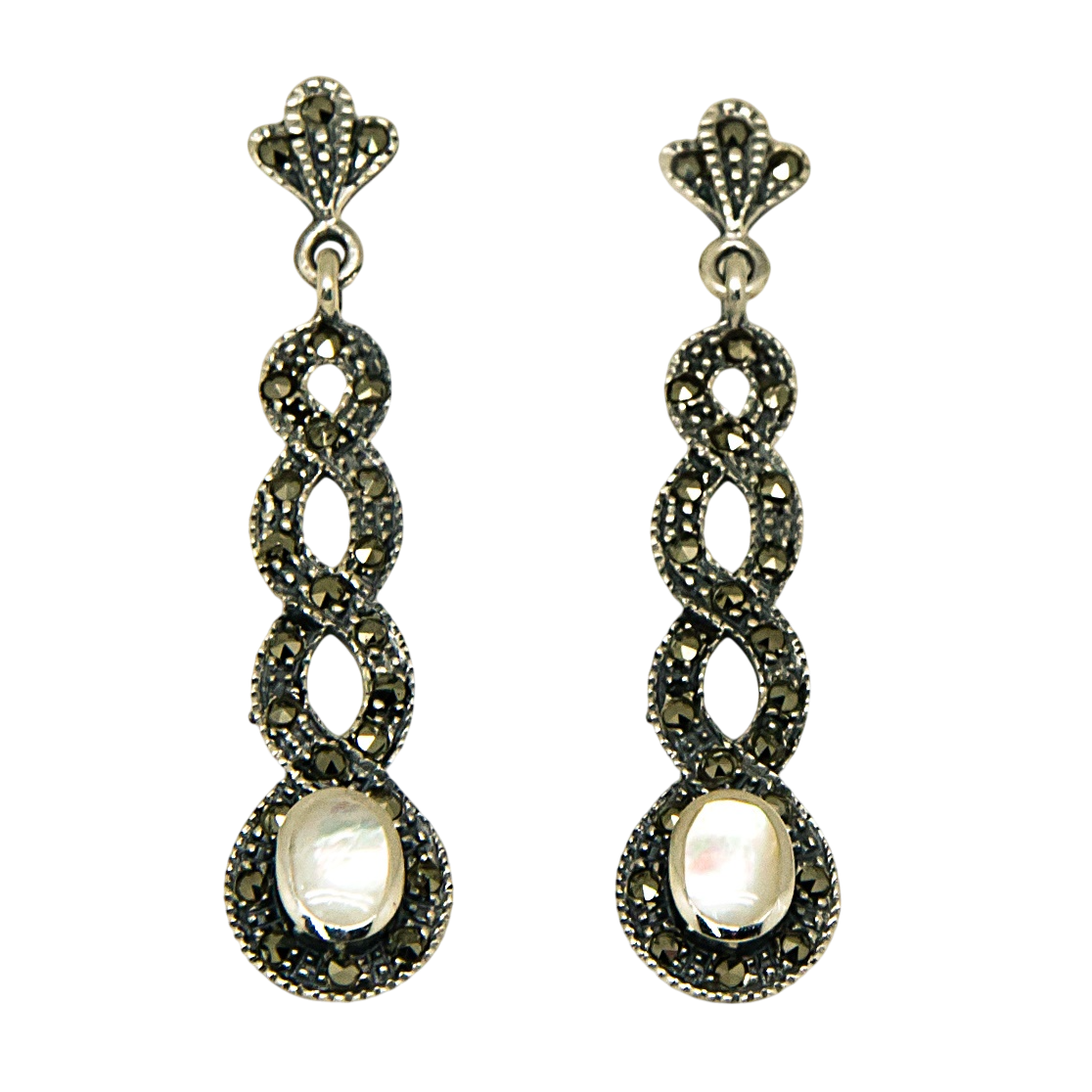 Pendientes de Plata envejecida con piedras Marcasitas y Nácar blanco