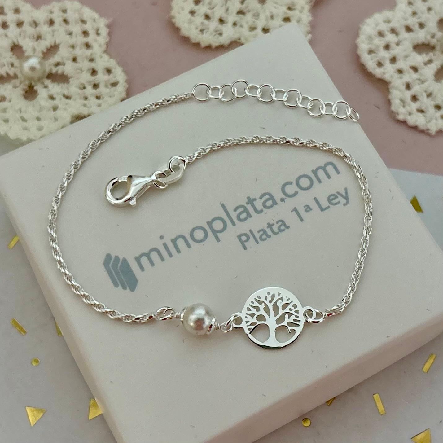 Pulsera árbol de la vida de Plata de ley 925 con Perlita