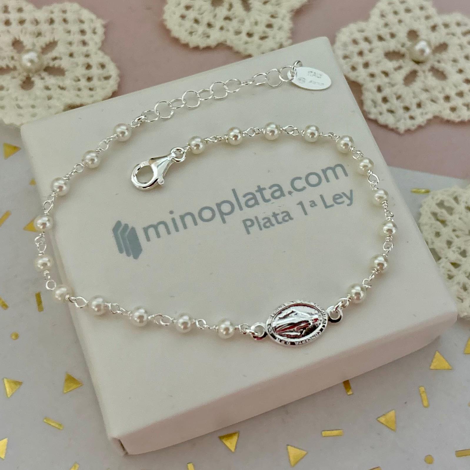 Pulsera Perlas con Virgen Milagrosa de Plata de ley 925 4