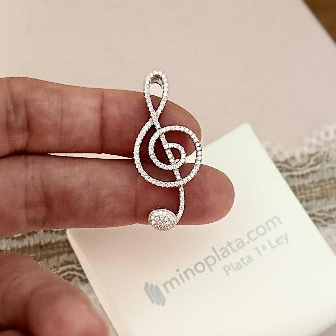 Colgante Clave de Sol música en Plata rodiada y Circonitas 40mm x 17mm_1