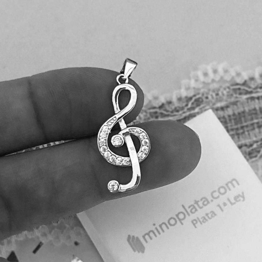 Colgante Clave de Sol de Plata de ley rodiada y Circonitas 25mm x 13mm 4