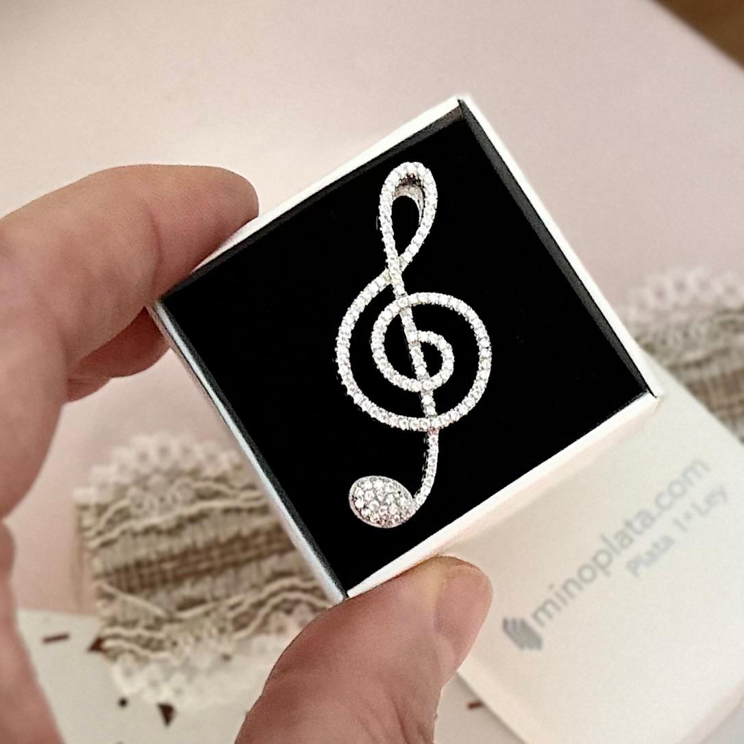 Colgante Clave de Sol música en Plata rodiada y Circonitas 40mm x 17mm 4