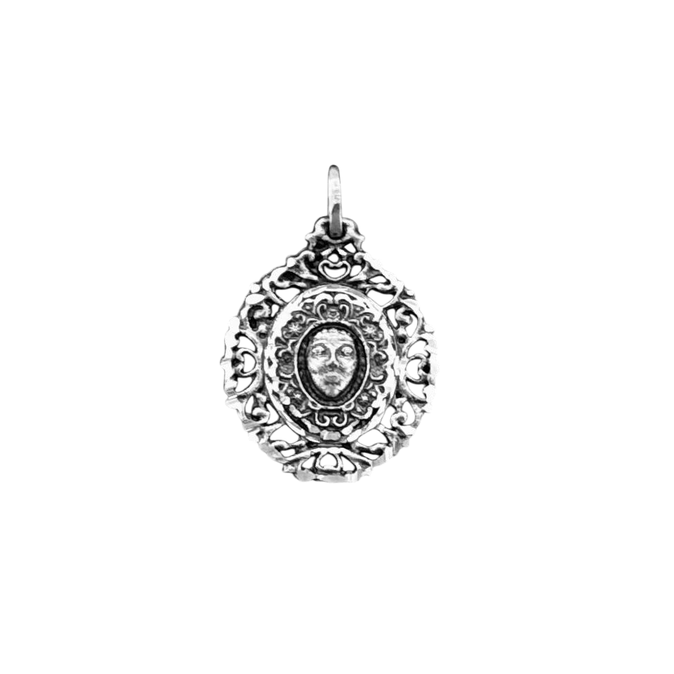 Colgante calado rostro de la Virgen del Rocío de Plata de ley envejecida 25mm x 23mm