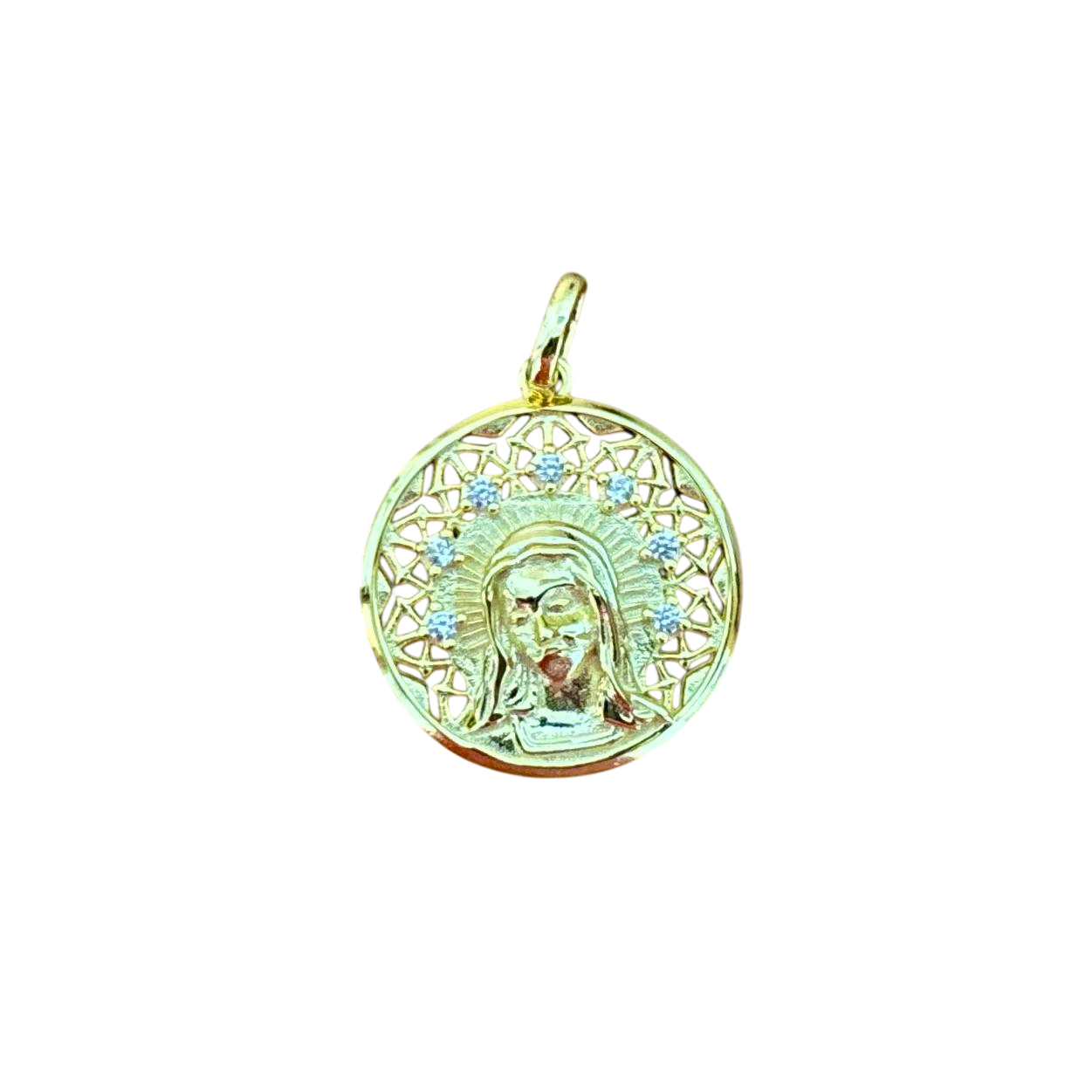 Medalla Virgen María calada de Plata de ley chapada en Oro con Circonitas 18mm