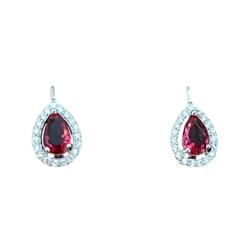 Pendientes de Plata de ley rodiada con Circonitas rubí y cierre ballesta
