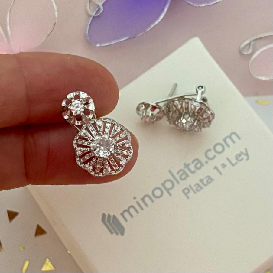 Pendientes de Plata de ley rodiada calada con Circonitas y cierre omega_1