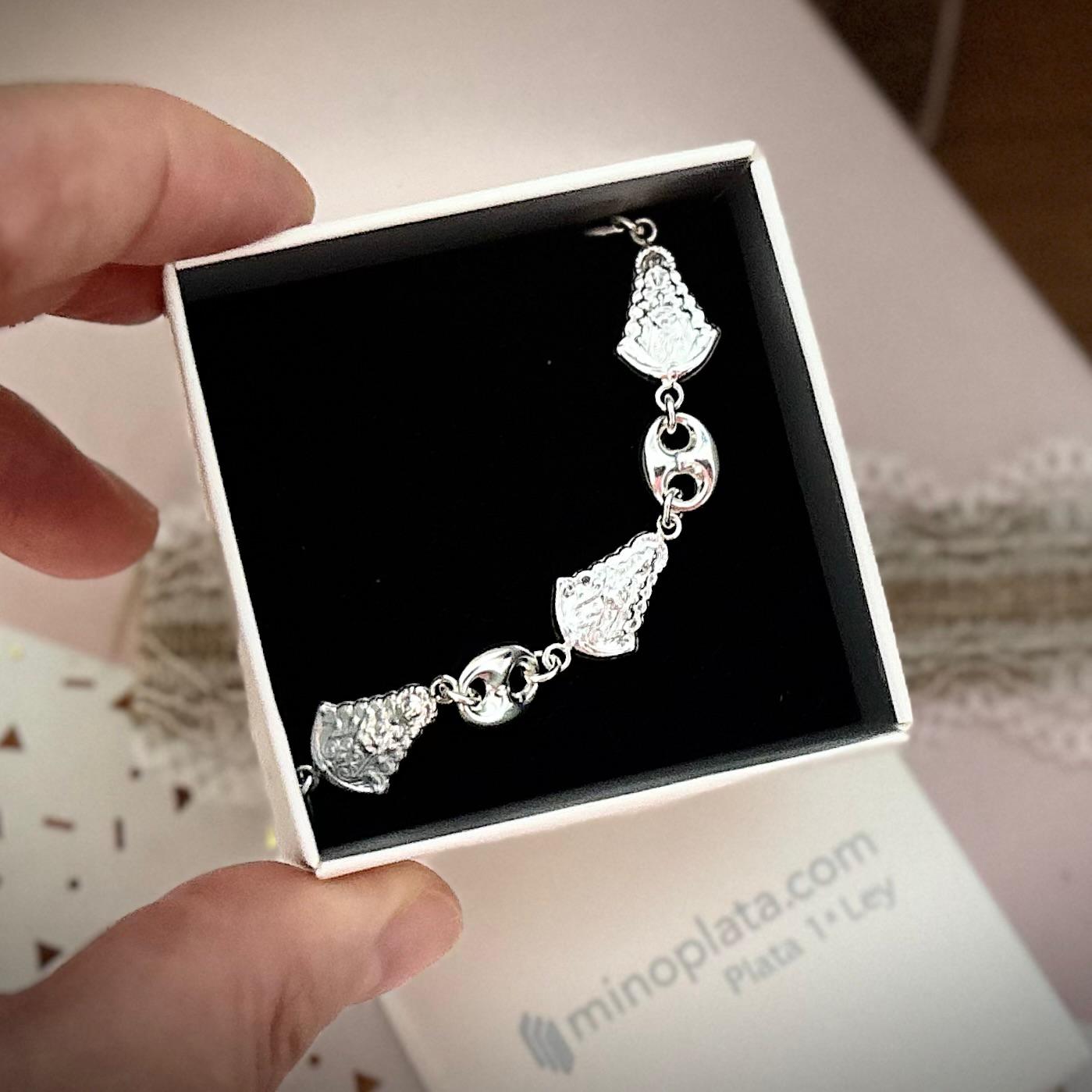 Pulsera Virgen del Rocío silueta y eslabones calabrote de Plata de ley 925 3
