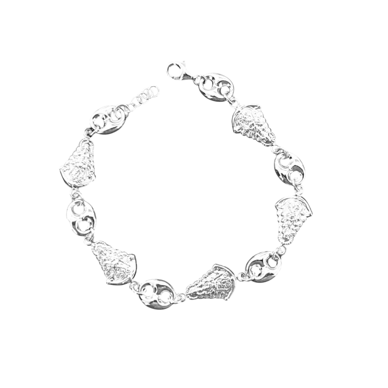 Pulsera Virgen del Rocío silueta y eslabones calabrote de Plata de ley 925