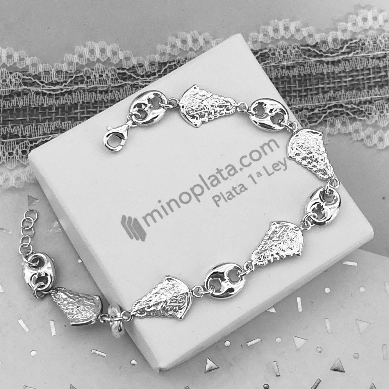 Pulsera Virgen del Rocío silueta y eslabones calabrote de Plata de ley 925_1