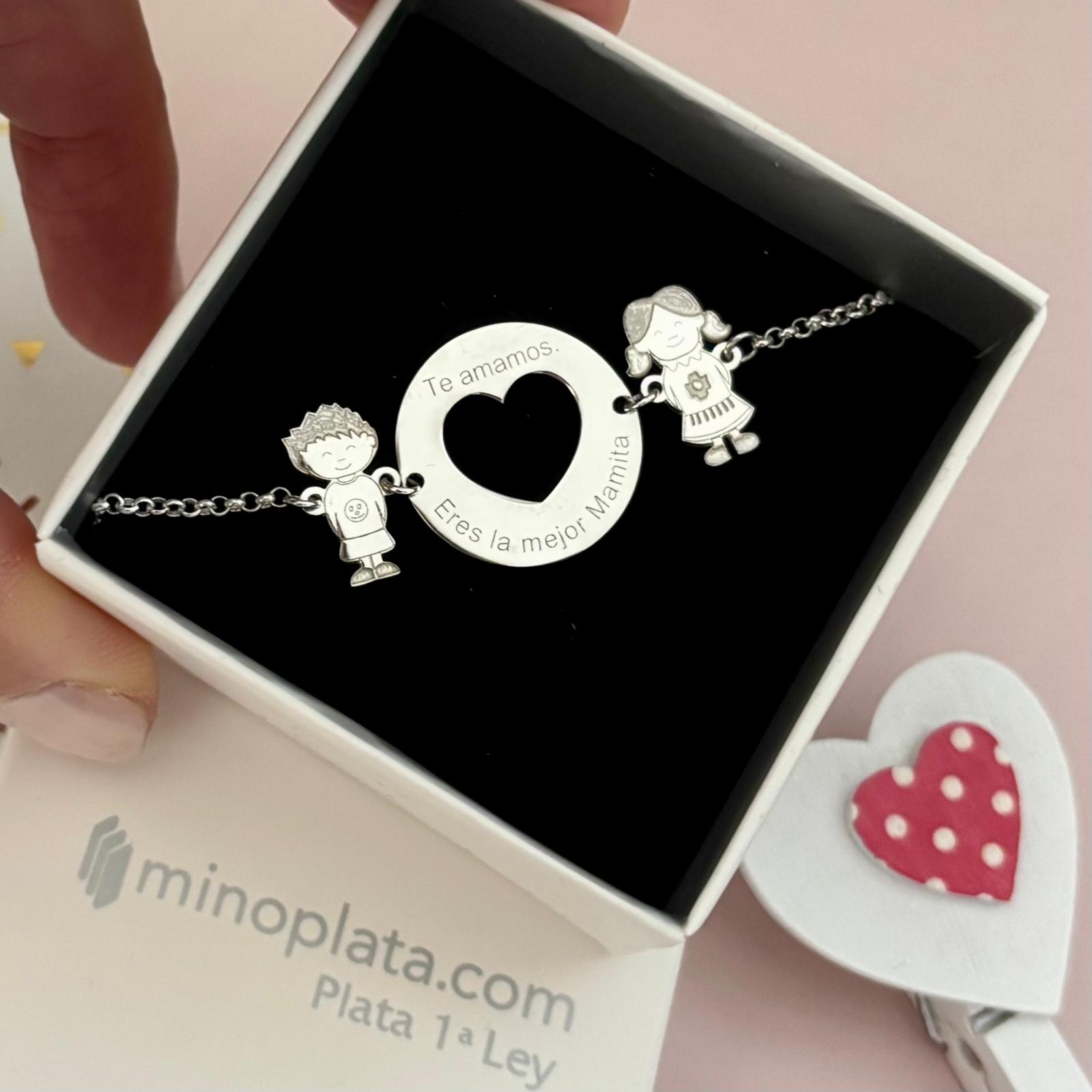 Pulsera corazón con niños personalizada de Plata de ley 4