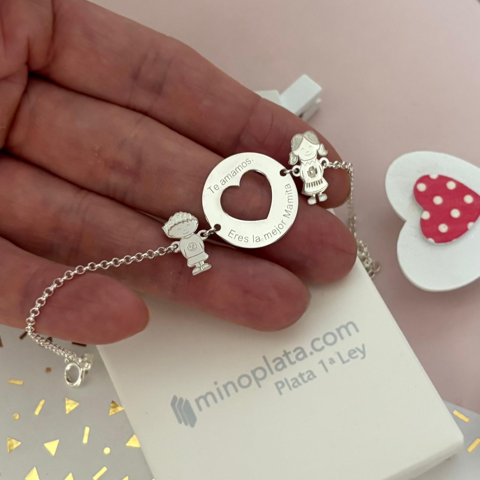 Pulsera corazón con niños personalizada de Plata de ley_1
