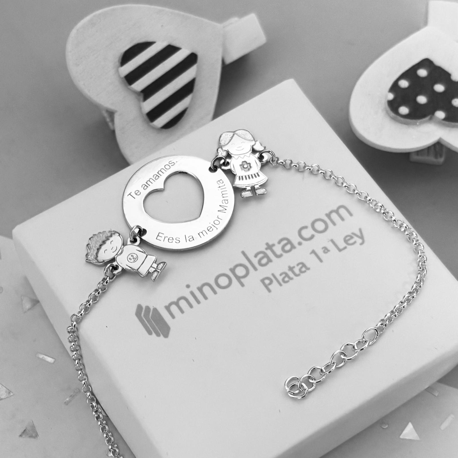 Pulsera corazón con niños personalizada de Plata de ley 3