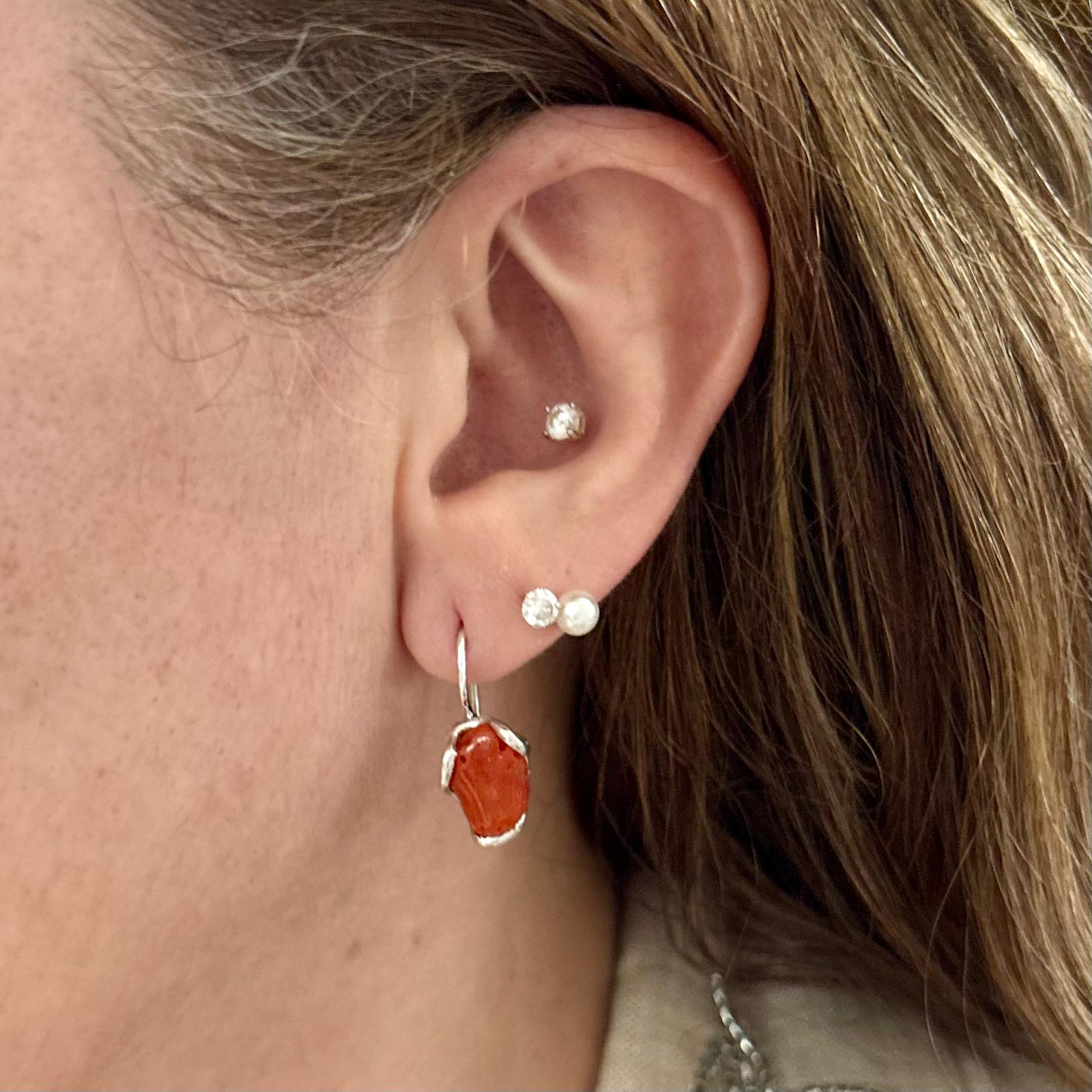 Pendientes largos de Plata de ley con piedra natural Coral rojo