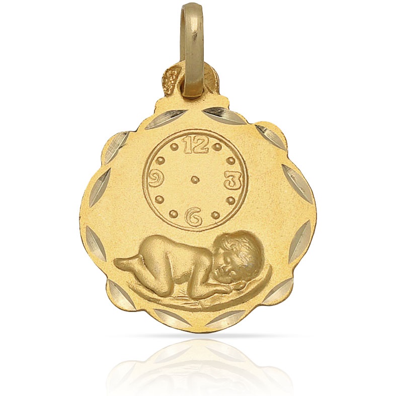 Medalla nacimiento reloj de Plata de ley chapada en Oro 16x20mm