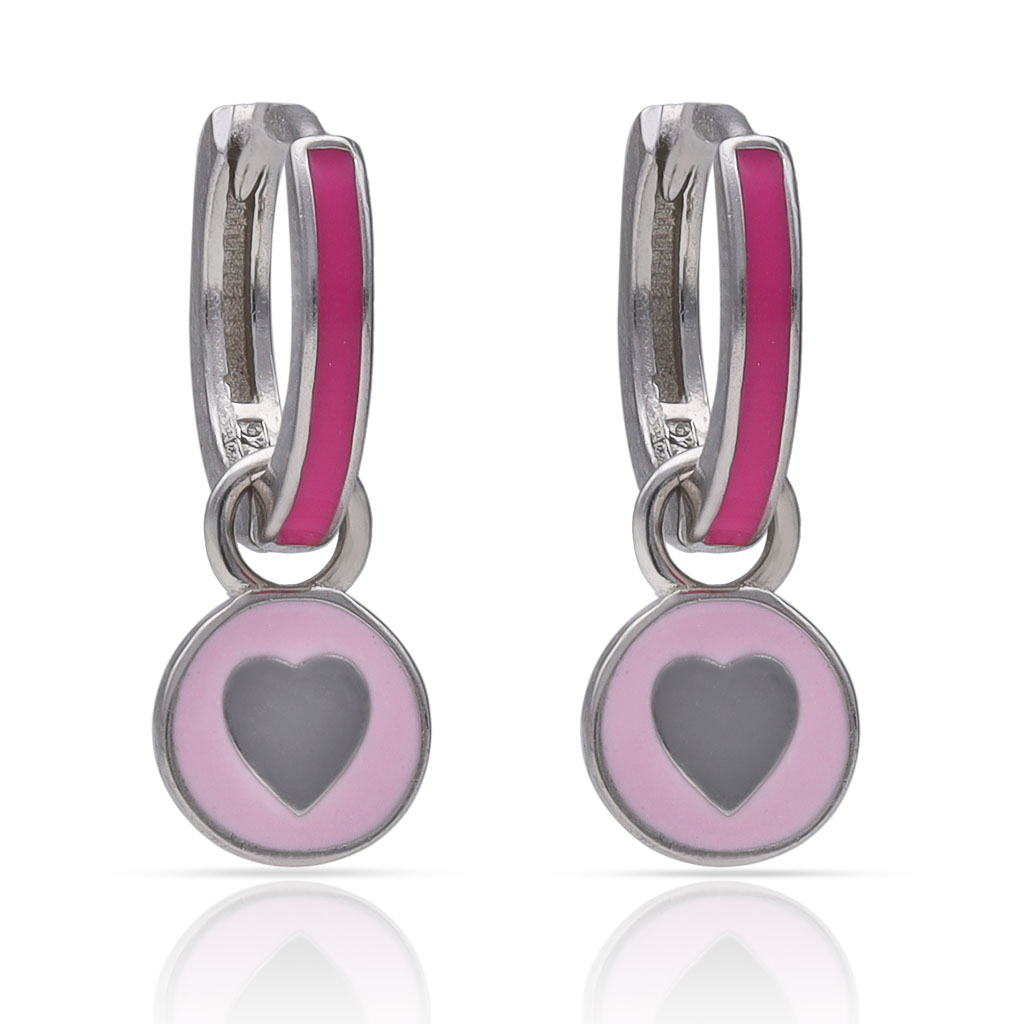 Aros luna colgante de Plata de ley rodiada y esmaltes rosas