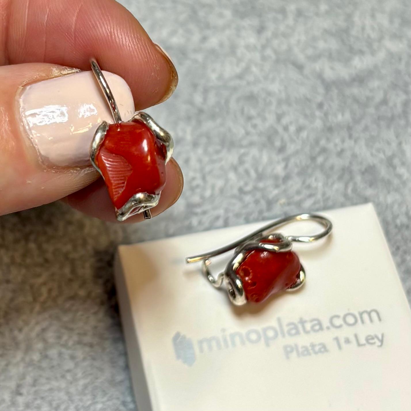 Pendientes largos de Plata de ley con piedra natural Coral rojo_1
