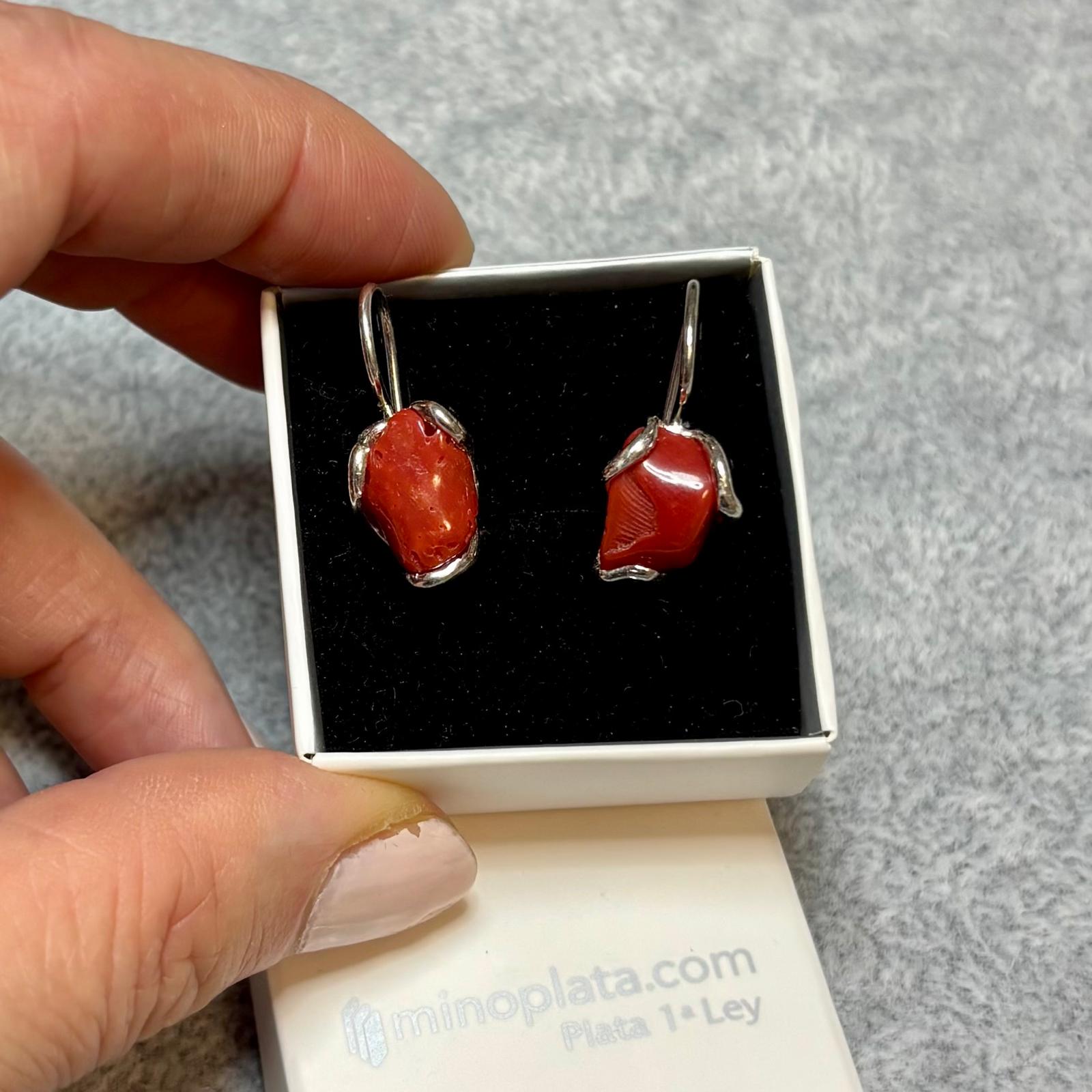 Pendientes largos de Plata de ley con piedra natural Coral rojo 4
