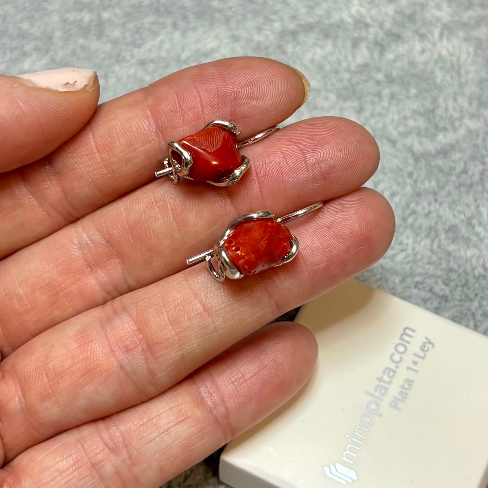 Pendientes largos de Plata de ley con piedra natural Coral rojo 3