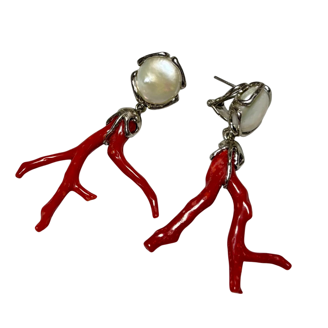Pendientes de piedra natural Coral rojo con Perlas cultivada en Plata de ley rodiada cierre omega