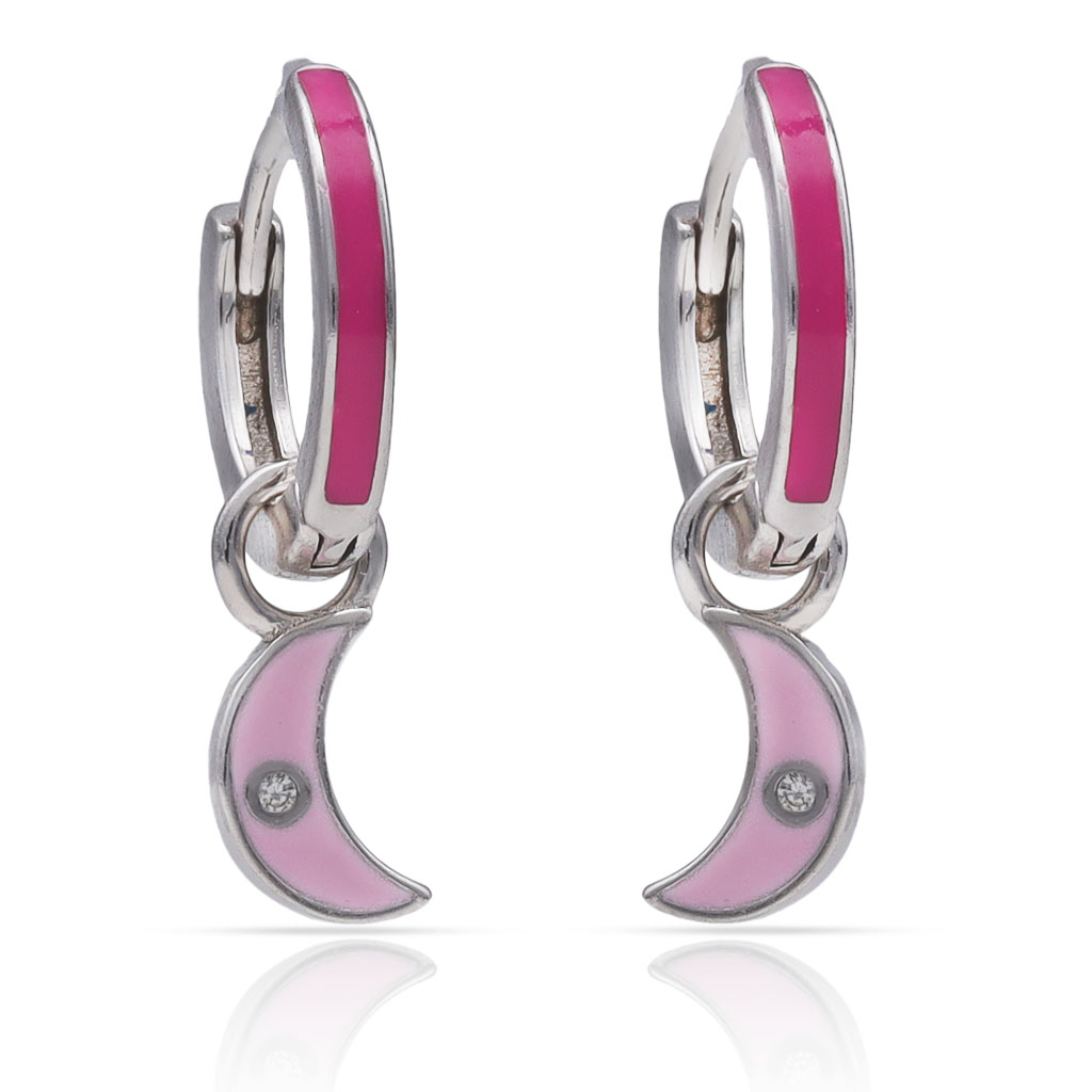 Aros luna colgante de Plata de ley rodiada y esmaltes rosas