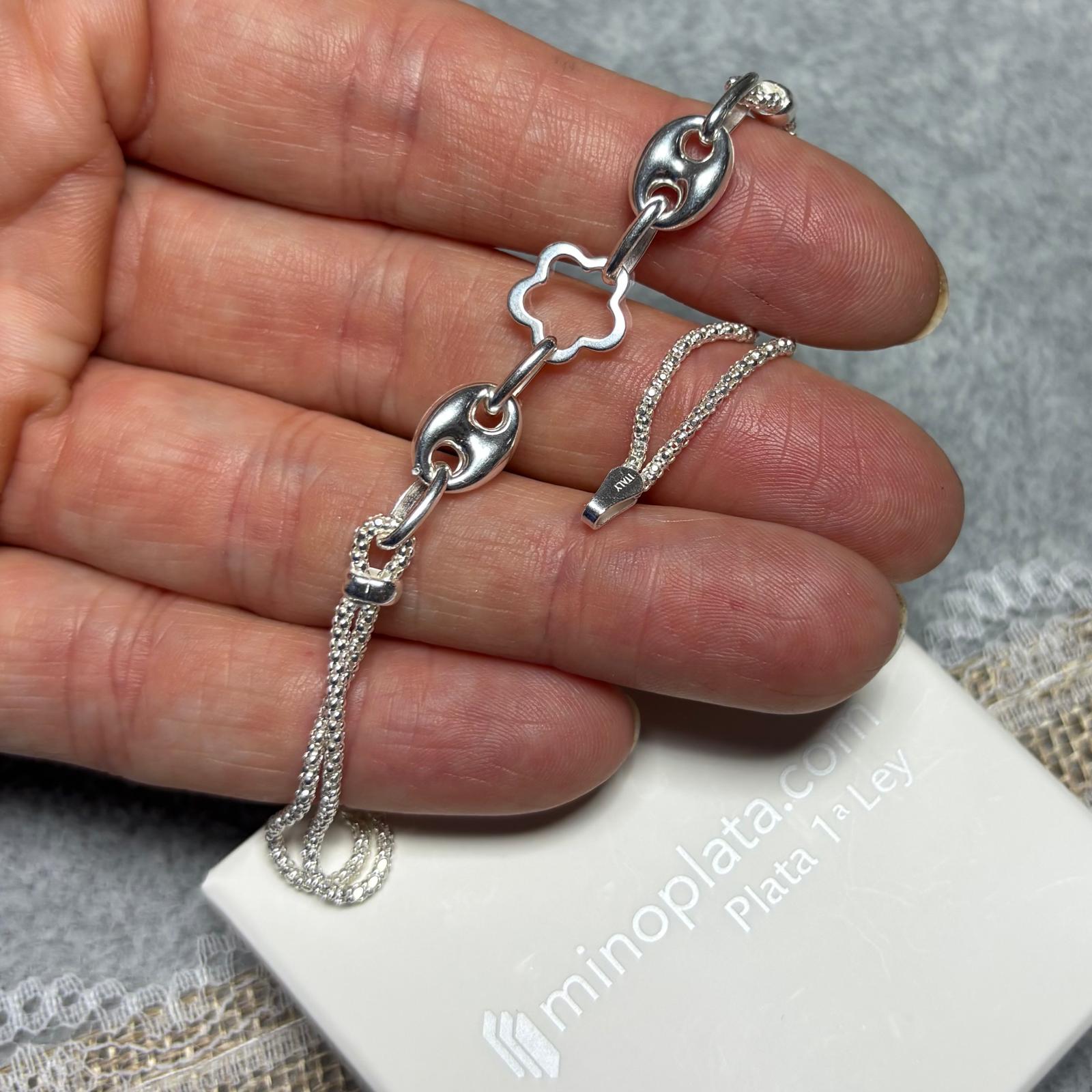Pulsera flor con eslabones calabrote de Plata de ley 925_1