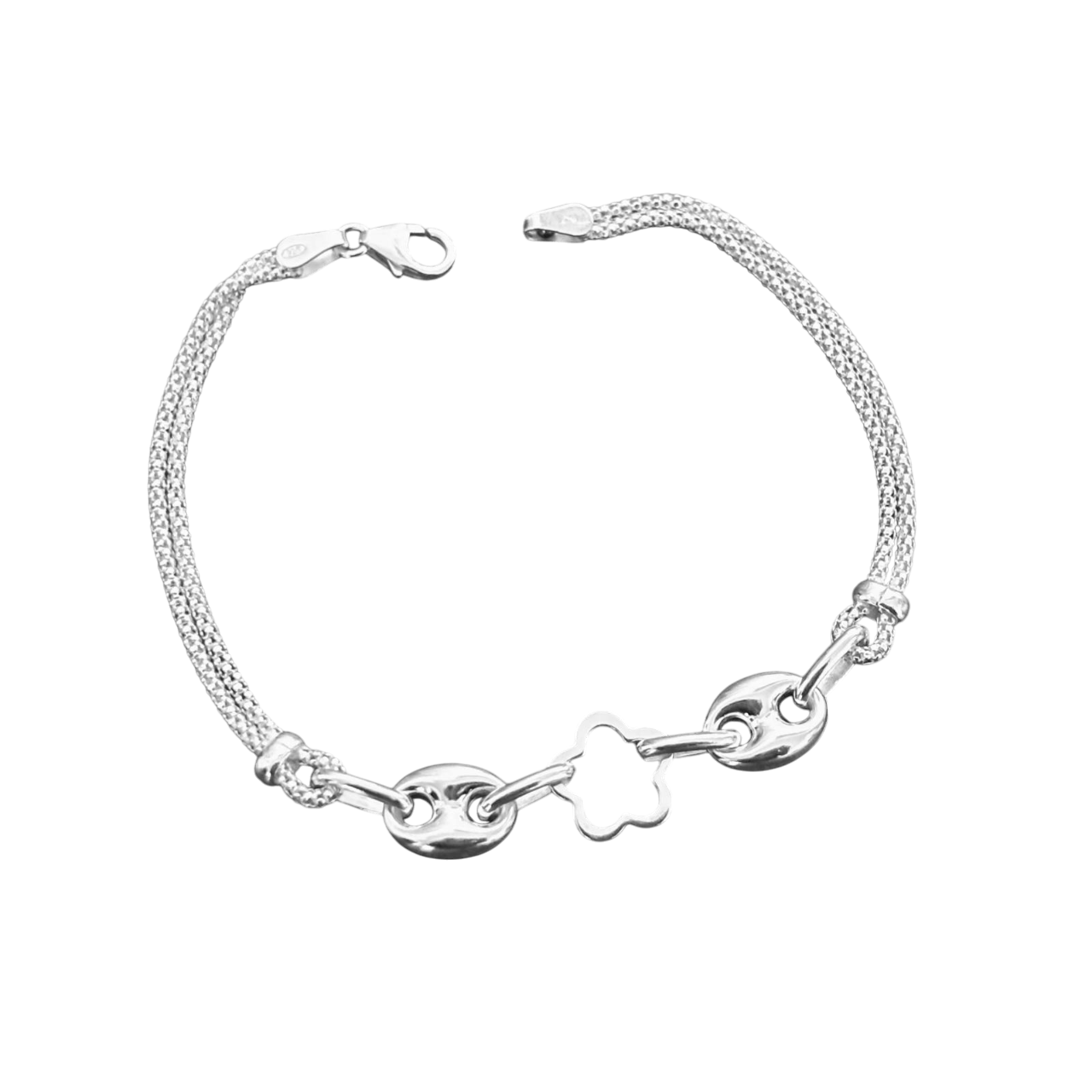 Pulsera flor con eslabones calabrote de Plata de ley 925