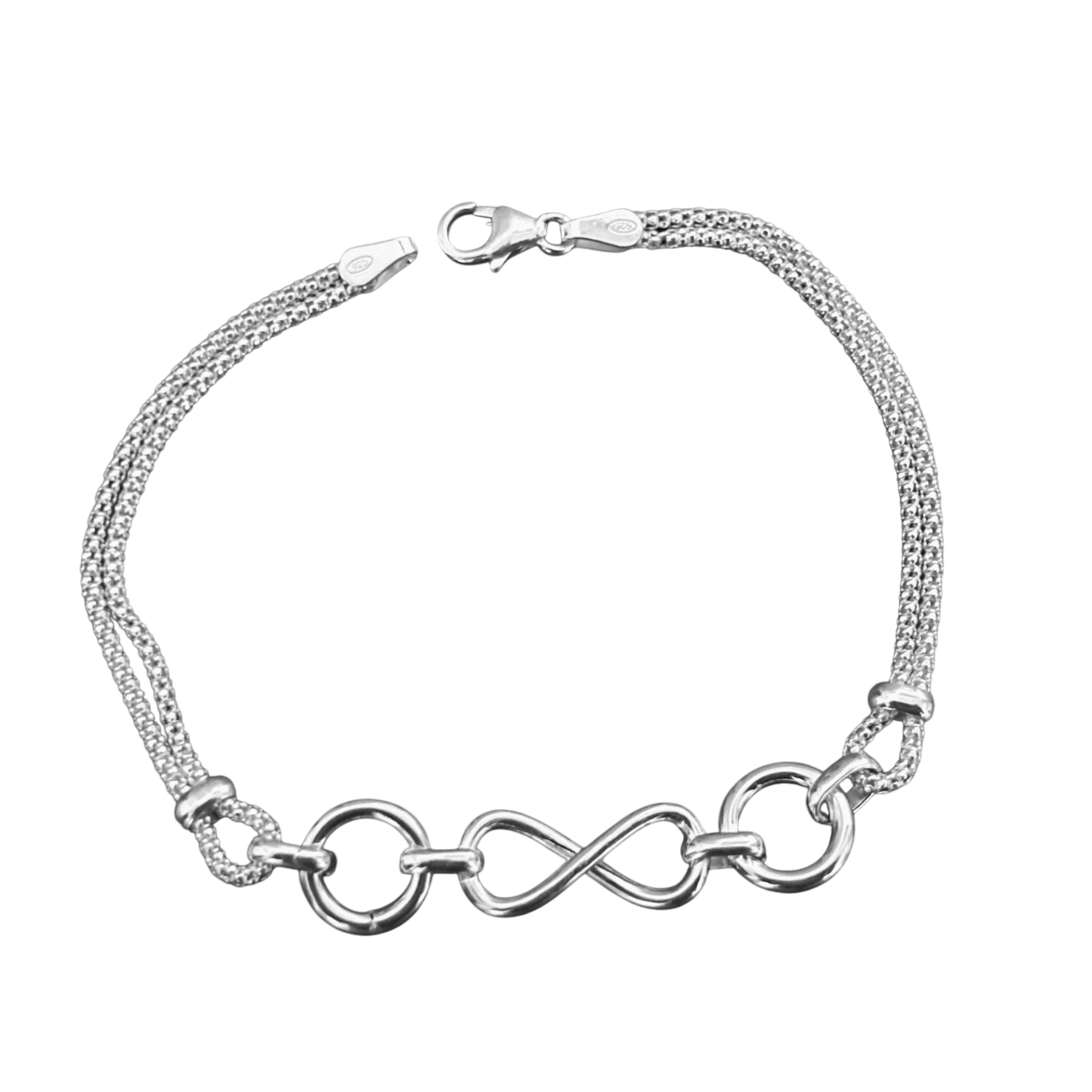 Pulsera cadena doble figuras infinito y karma de Plata de ley 925