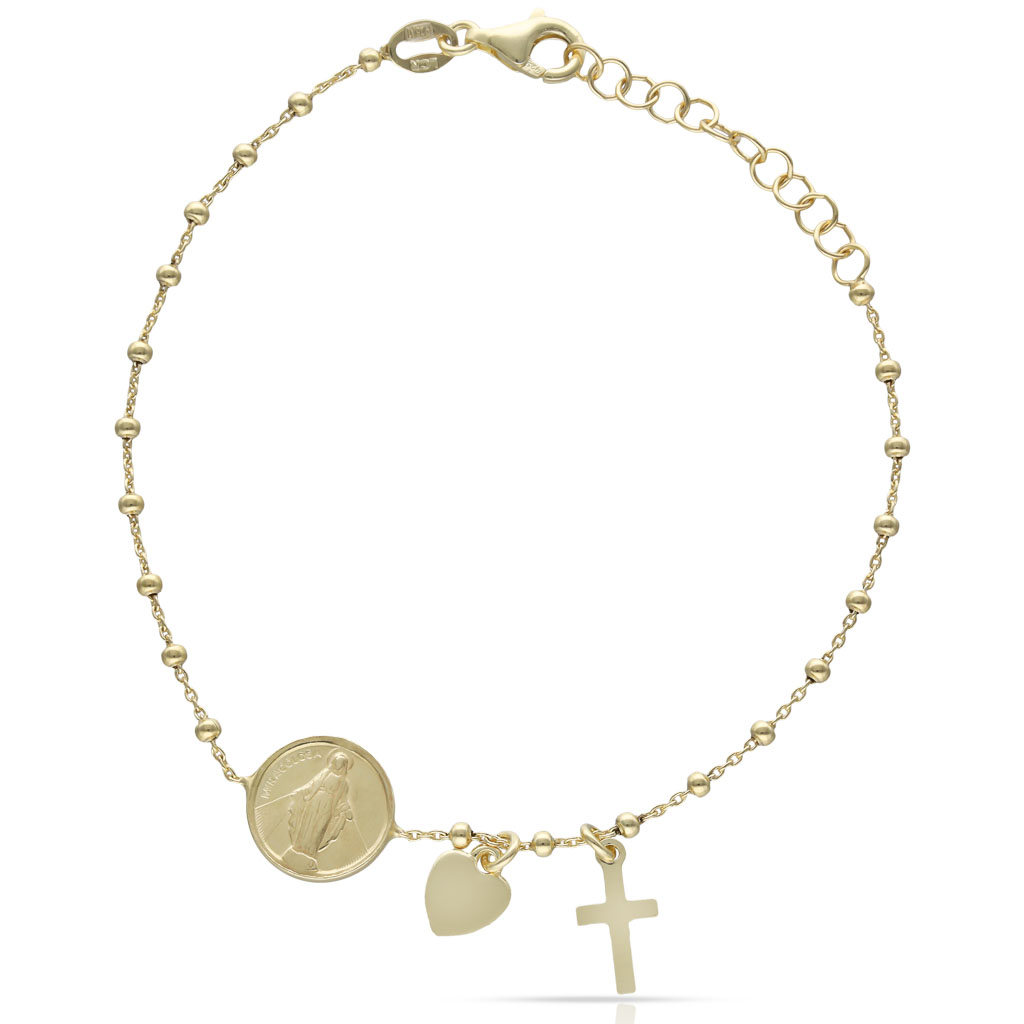 Pulsera Virgen Milagrosa y Cruz de San Benito bolitas de Plata de ley 925 chapada en Oro