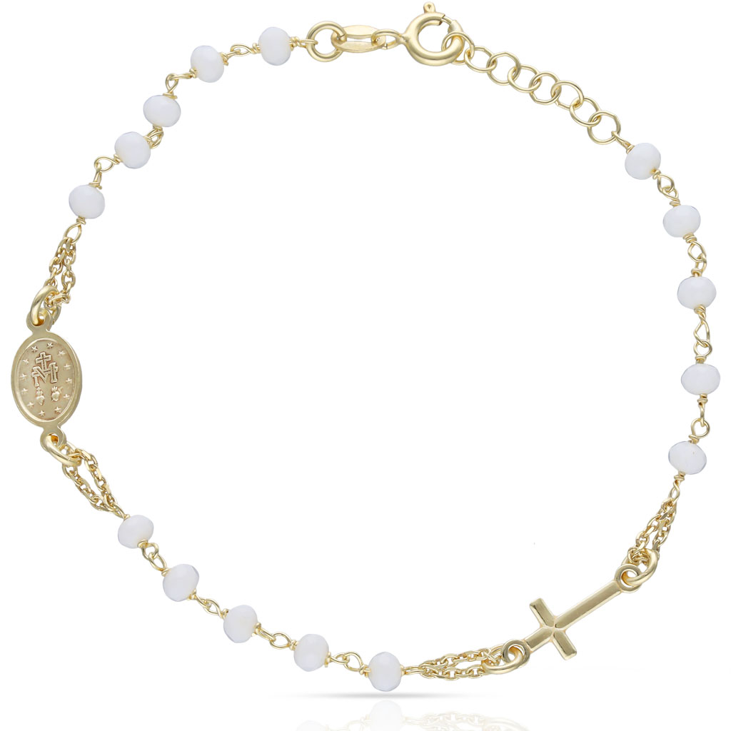 Pulsera rosario piedras blancas con Virgen Milagrosa y Cruz de Plata de ley 925 chapada en Oro