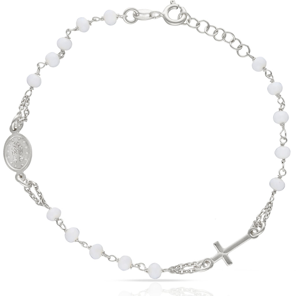 Pulsera rosario piedras blancas con Virgen Milagrosa y Cruz de Plata de ley 925