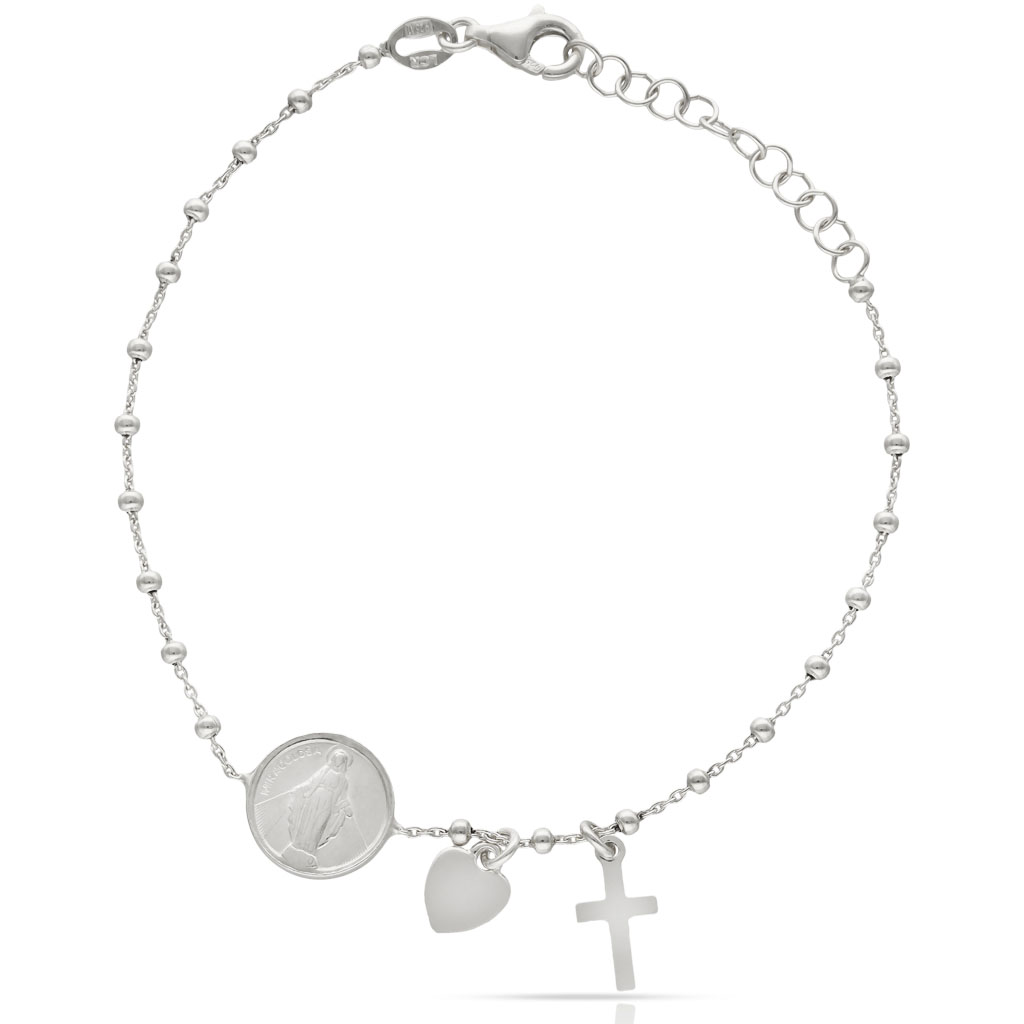 Pulsera Virgen Milagrosa y Cruz de San Benito bolitas de Plata de ley 925