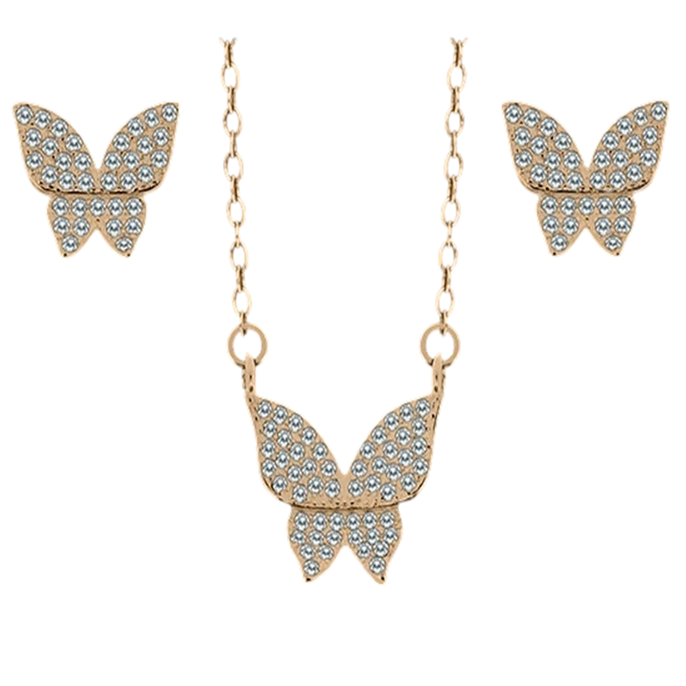 Juego Pendientes y Gargantilla mariposas de Plata chapada en Oro rosa con Circonitas