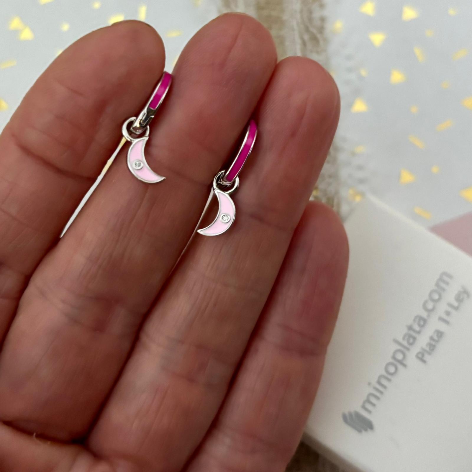 Aros luna colgante de Plata de ley rodiada y esmaltes rosas 3