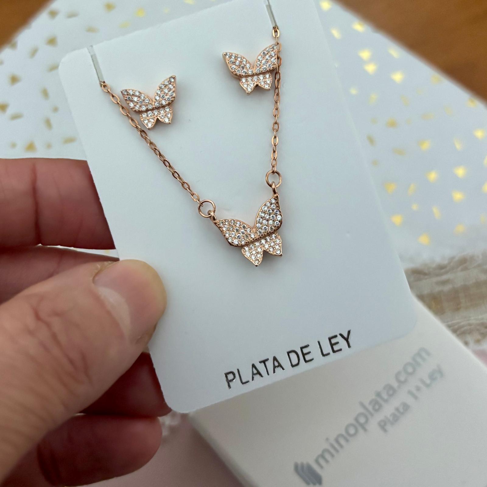 Juego Pendientes y Gargantilla mariposas de Plata chapada en Oro rosa con Circonitas_1