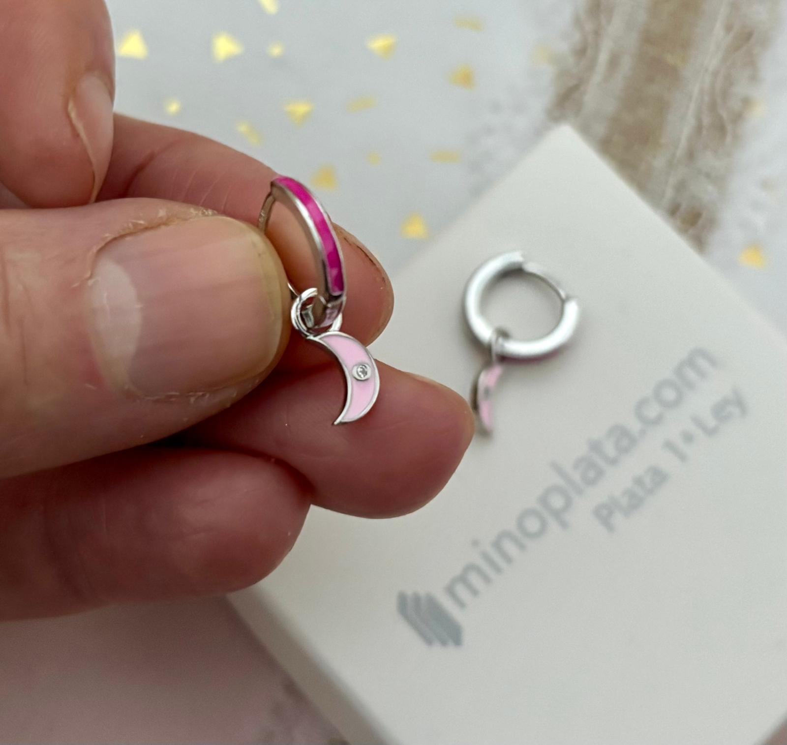 Aros luna colgante de Plata de ley rodiada y esmaltes rosas_1