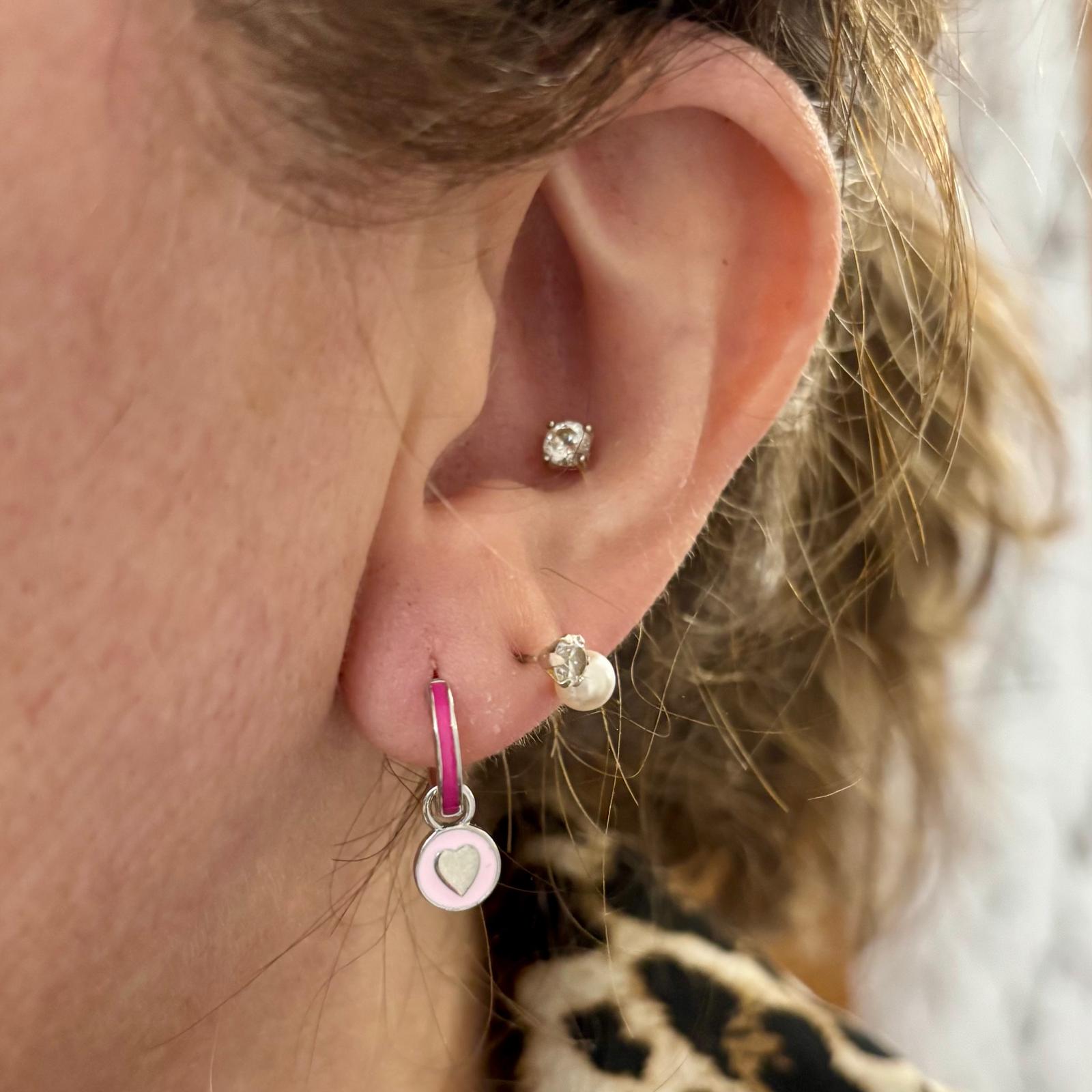Aros luna colgante de Plata de ley rodiada y esmaltes rosas 4