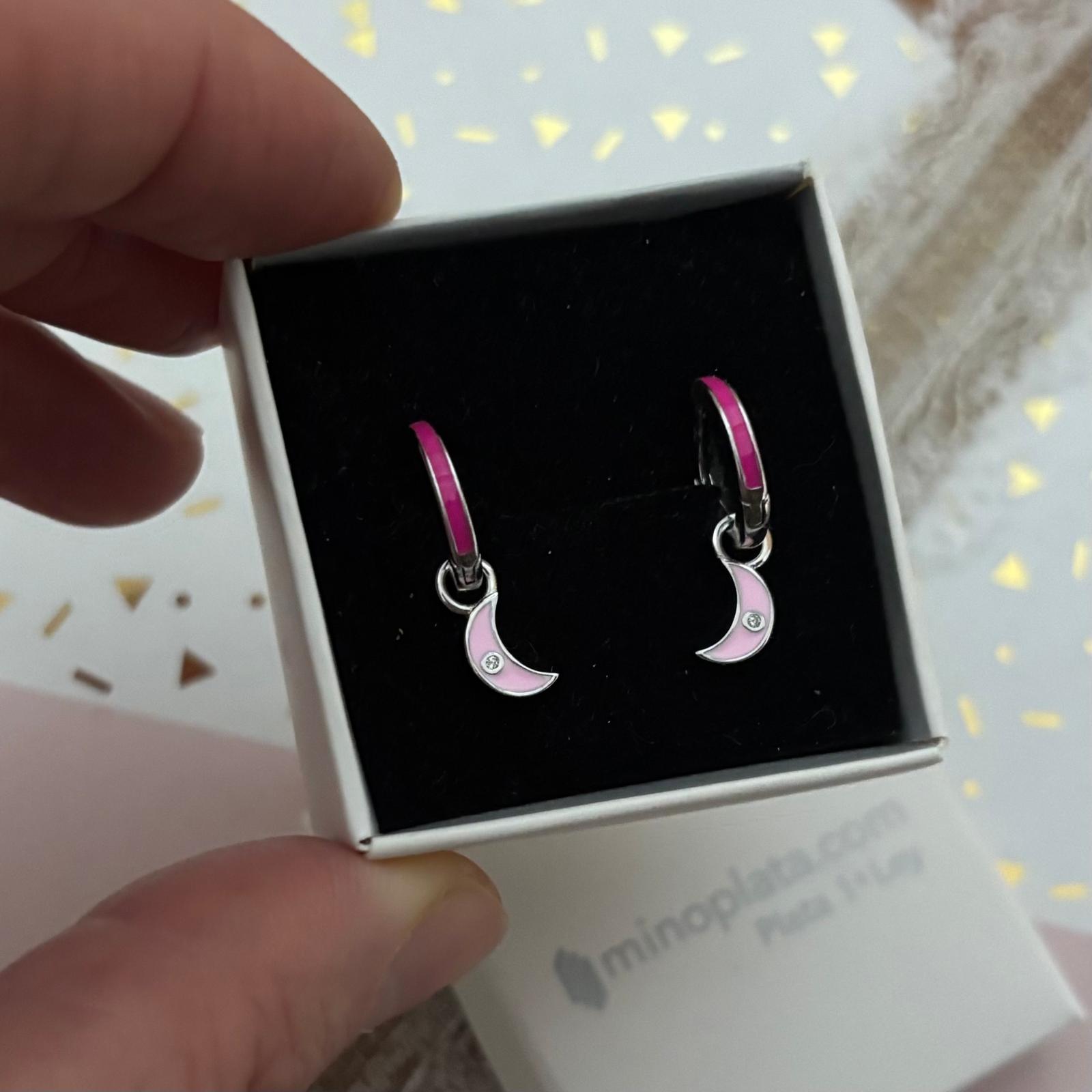 Aros luna colgante de Plata de ley rodiada y esmaltes rosas 5