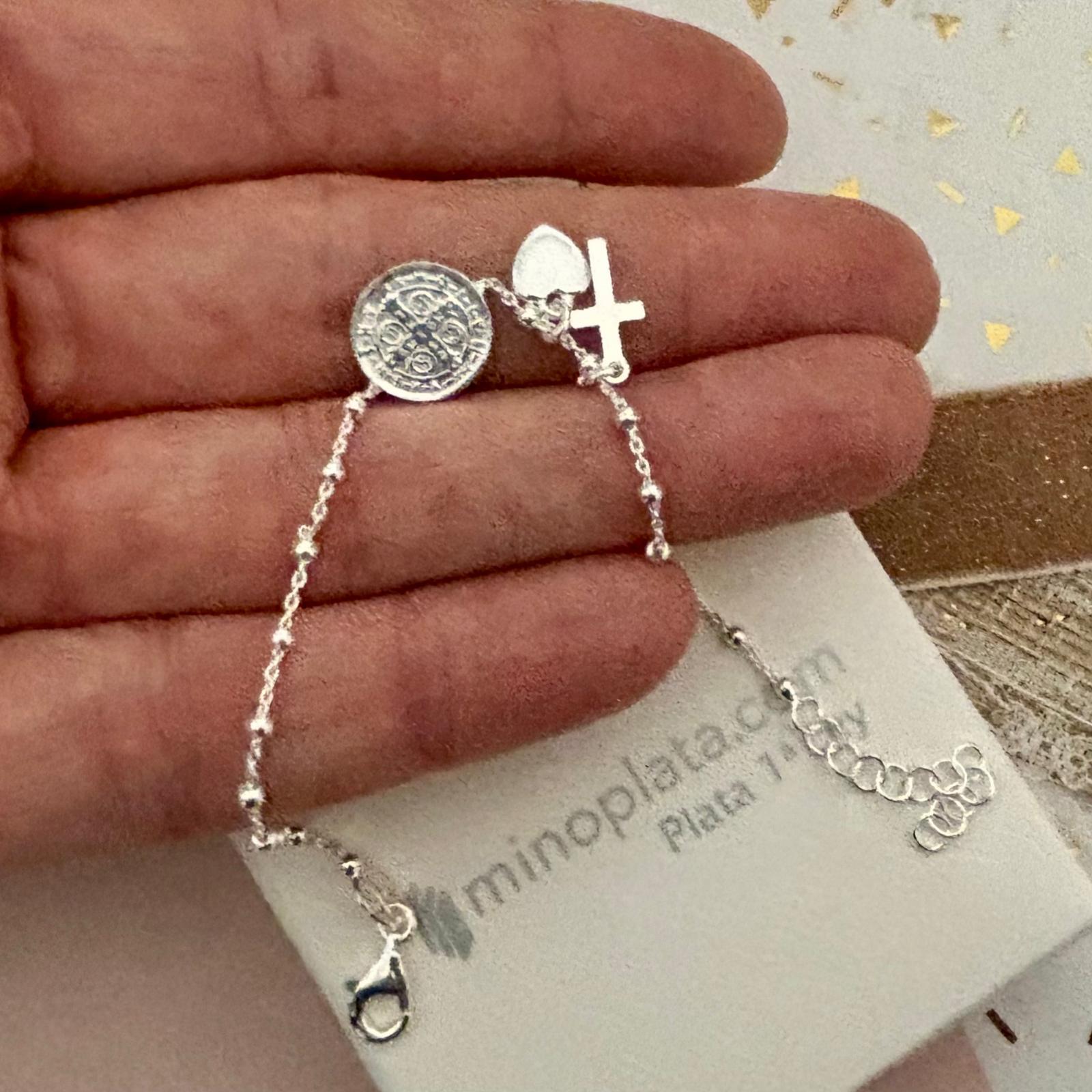 Pulsera Virgen Milagrosa y Cruz de San Benito bolitas de Plata de ley 925 3