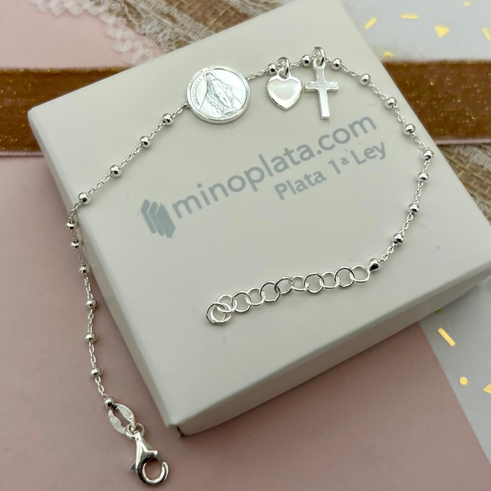 Pulsera Virgen Milagrosa y Cruz de San Benito bolitas de Plata de ley 925_1