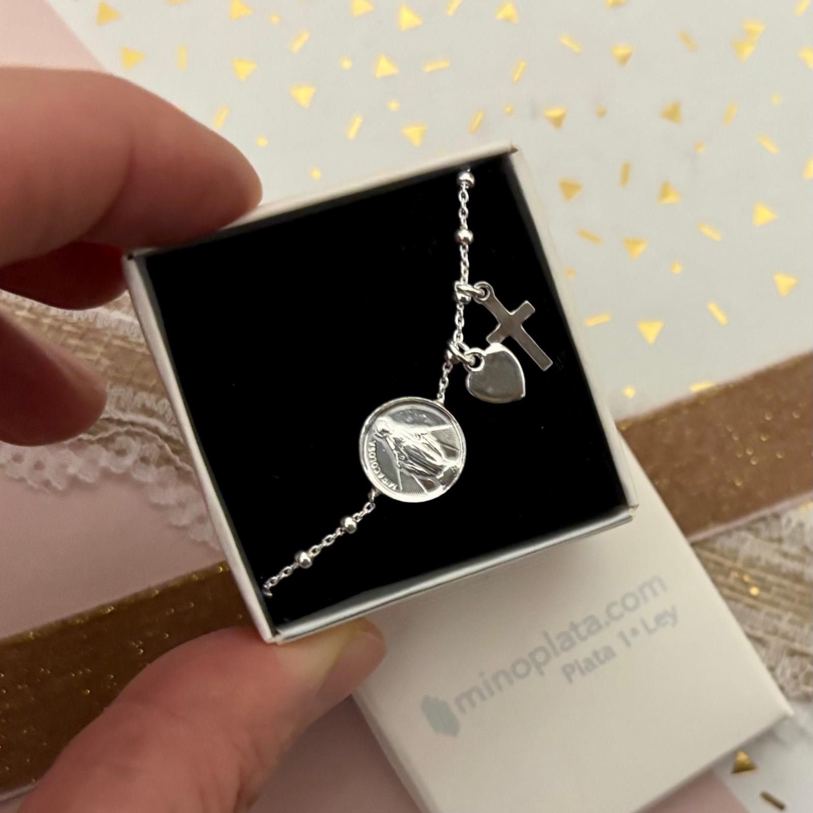 Pulsera Virgen Milagrosa y Cruz de San Benito bolitas de Plata de ley 925 4