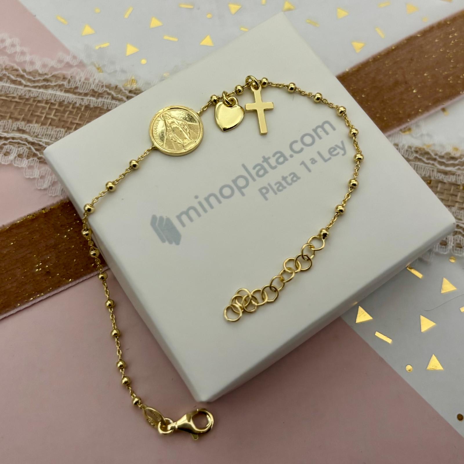 Pulsera Virgen Milagrosa y Cruz de San Benito bolitas de Plata de ley 925 chapada en Oro_1