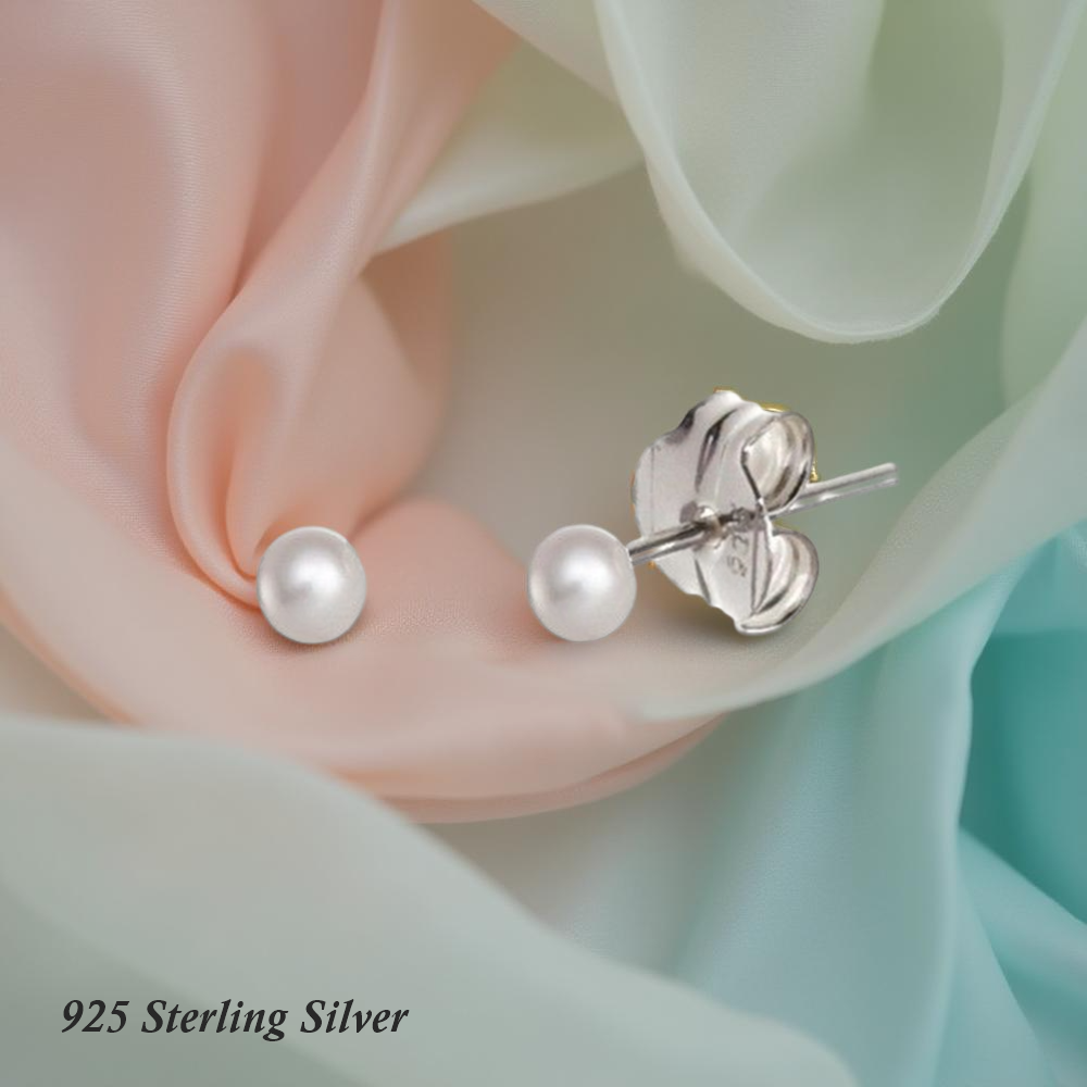 Pendientes bola Perla sintética 4mm en Plata de ley 925 3