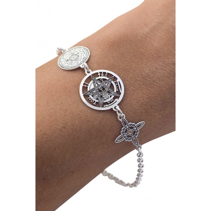 Pulsera triple protección Nudo de bruja, Tetragramatón y medalla de los siete Arcángeles de Plata_1