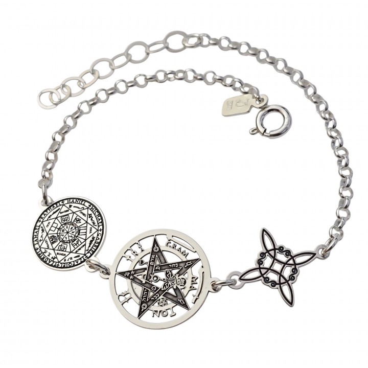 Pulsera triple protección Nudo de bruja, Tetragramatón y medalla de los siete Arcángeles de Plata
